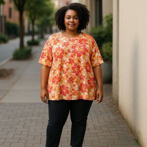 Charter Club Top Womens Floral Print Pima Cotton T-Shirt 2X Short Sleeve Orange